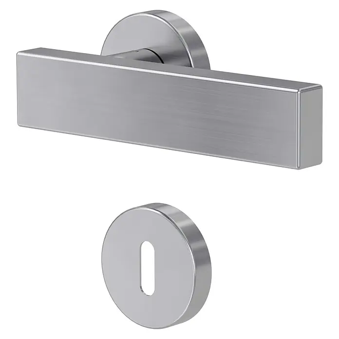 Diamond Doors Modern Zimmertürgarnitur Cube - Edelstahl, Buntbart - Modernes Türbeschlag-Set mit rechteckigem Griff und runder Schlüsselrosette aus gebürstetem Edelstahl.