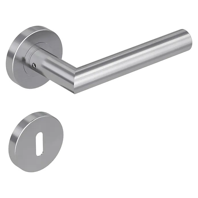 Diamond Doors Modern Zimmertürgarnitur L-Form BB - Stärke Tür: 38 mm - 45 mm, Edelstahl, Buntbart - Moderner Türgriff aus Edelstahl mit runder Rosette und Schlüssellochabdeckung für Innentüren. Robust und stilvoll.