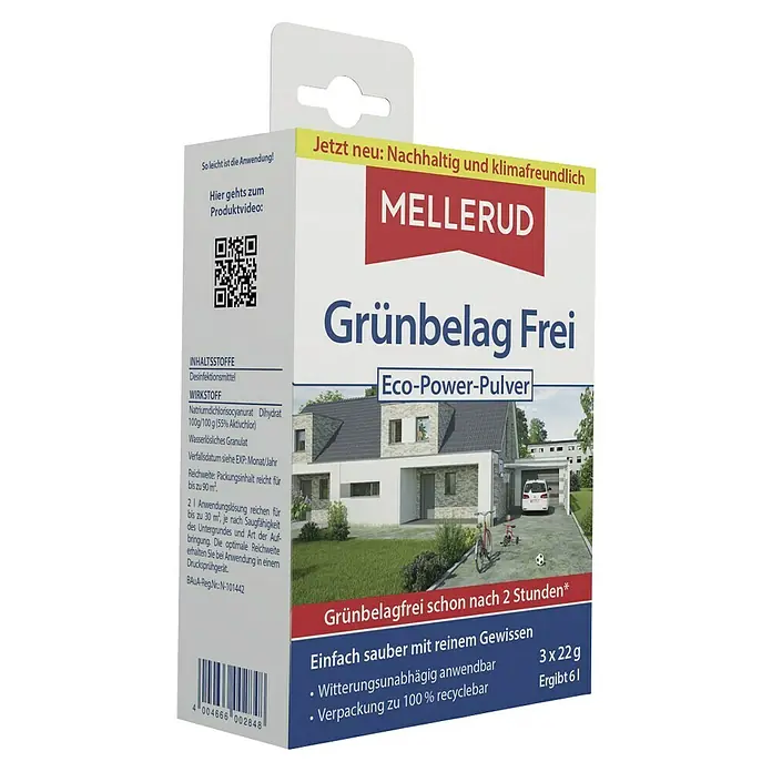 Mellerud Grünbelag-Entferner Grünbelag Frei Eco-Power-Pulver - 66 g - Produktbild von Mellerud Grünbelag Frei, einem Eco-Power-Pulver zur Entfernung von Grünbelag, nachhaltig und klimafreundlich.