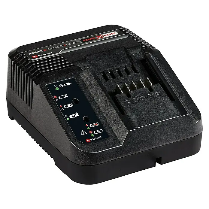 Einhell PXC 18V Cortacésped de batería GE-CM 18/33 Li - 18 V, 1 batería, 4 Ah, Ancho de corte: 33 cm - Imagen de un cargador de batería Power X-Charger Li-Ion, utilizado para baterías Einhell. El cargador es negro y tiene un indicador LED.