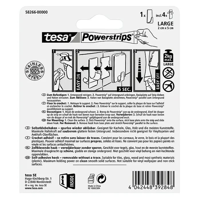 Tesa Powerstrips Selbstklebehaken - Rechteckig, Größe: L, Metallic, 1 Stk. - Tesa Powerstrips: Selbstklebende Haken zur einfachen Befestigung von Gegenständen ohne Bohren oder Beschädigung.