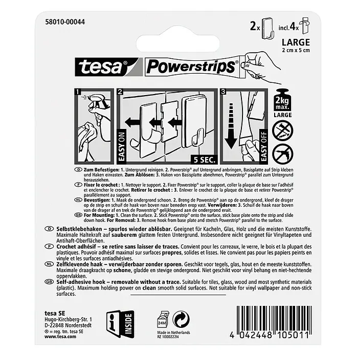 Tesa Powerstrips Selbstklebehaken - Eckig, Größe: L, Weiß, 2 Stk. - Tesa Powerstrips Haken zur einfachen und spurlosen Befestigung von Gegenständen bis zu 2 kg auf glatten Oberflächen.