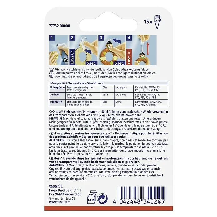 Tesa Klebestreifen - Geeignet für: Glas, Belastbarkeit: 0,2 kg, 16 Stk., Transparent - Tesa Klebestreifen Transparent Nachfüllpackung. Die transparenten Klebestreifen sind zur Wiederverwendung der Klebehaken bis 0,2kg geeignet.