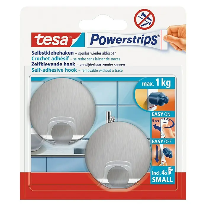 Tesa Powerstrips Selbstklebehaken - Rund, Größe: S, Metallic, 2 Stk. - Tesa Powerstrips selbstklebende Haken: Praktische, spurlos entfernbare Haken zur einfachen Befestigung von Gegenständen bis zu 1 kg Gewicht.