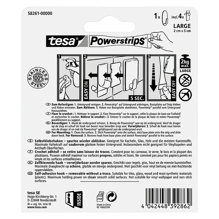 Tesa Powerstrips Selbstklebehaken - Oval, Größe: L, Metallic, 1 Stk. - Tesa Powerstrips Haken, selbstklebend und ablösbar für glatte Oberflächen, ideal für Bad und Küche. Hält bis zu 2 kg.