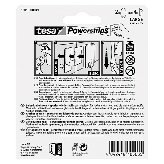 Tesa Powerstrips Selbstklebehaken (Oval, Größe: L, Weiß, 2 Stk.)