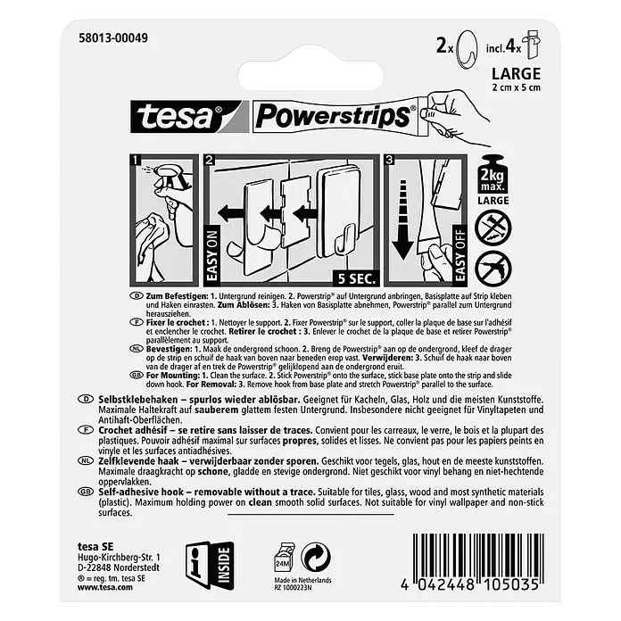Tesa Powerstrips Selbstklebehaken - Oval, Größe: L, Weiß, 2 Stk. - Tesa Powerstrips-Packung, die die Anbringung (bis 2 kg) und Entfernung des Produkts ohne Rückstände zeigt.