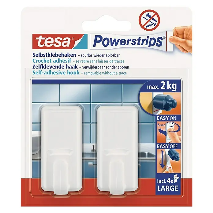 Tesa Powerstrips Selbstklebehaken - Eckig, Größe: L, Weiß, 2 Stk. - Abbildung einer Tesa Powerstrips-Packung mit selbstklebenden Haken, die spurlos wieder ablösbar sind und bis zu 2 kg tragen.