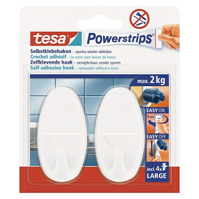 Tesa Powerstrips Selbstklebehaken (Oval, Größe: L, Weiß, 2 Stk.)