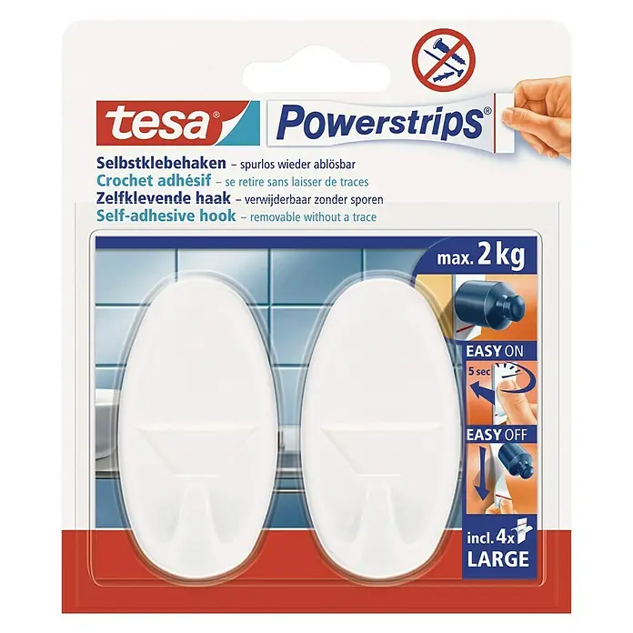 Tesa Powerstrips Selbstklebehaken - Oval, Größe: L, Weiß, 2 Stk. - Tesa Powerstrips selbstklebende Haken: Diese Haken sind spurlos ablösbar und tragen bis zu 2 kg. Inklusive 4 extra großen Klebestreifen.