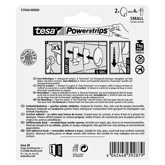 Tesa Powerstrips Selbstklebehaken - Rund, Größe: S, Metallic, 2 Stk. - Tesa Powerstrips Klebehaken: Selbstklebend, ablösbar ohne Spuren. Für glatte Oberflächen wie Fliesen, Glas oder Holz.