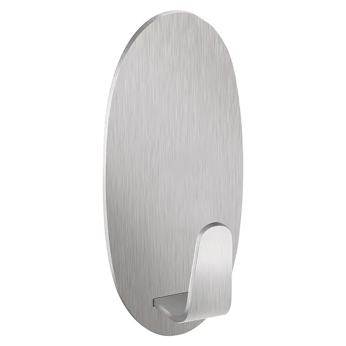 Tesa Powerstrips Selbstklebehaken - Oval, Größe: L, Metallic, 1 Stk. - Nahaufnahme eines silbernen, selbstklebenden Handtuchhakens mit gebürsteter Textur, ideal für Badezimmer und Küche.