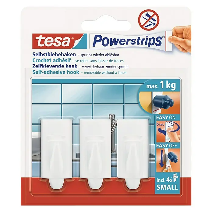Tesa Powerstrips Selbstklebehaken - Rechteckig, Größe: S, Weiß, 3 Stk. - Tesa Powerstrips selbstklebende Haken, spurlos ablösbar, maximale Tragkraft 1 kg, einfache Anbringung und Entfernung, inklusive 4 Stück.