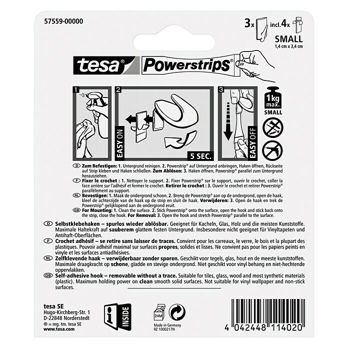 Tesa Powerstrips Selbstklebehaken (Trend, Größe: S, Weiß, 3 Stk.)