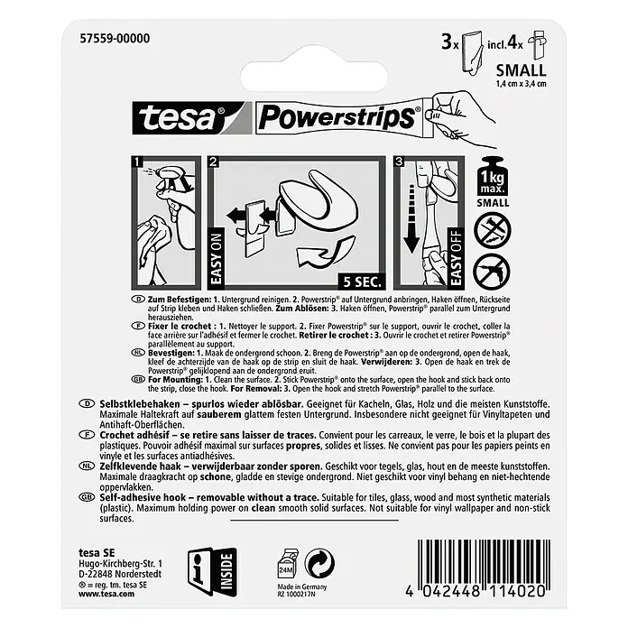Tesa Powerstrips Selbstklebehaken - Rechteckig, Größe: S, Weiß, 3 Stk. - Tesa Powerstrips: Anleitung zur Befestigung und Entfernung des Klebehaken, ideal für glatte Oberflächen.\n