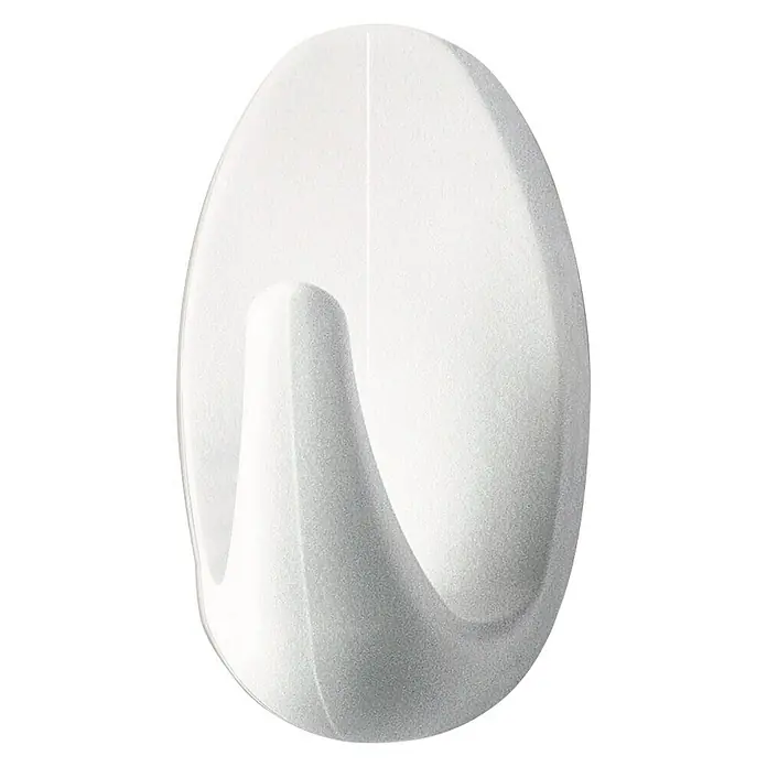 Tesa Powerstrips Selbstklebehaken - Oval, Größe: S, Weiß, 3 Stk. - Nahaufnahme eines weißen, selbstklebenden Wandhakens, ideal für die einfache und schnelle Befestigung von Gegenständen im Haushalt ohne Bohren.