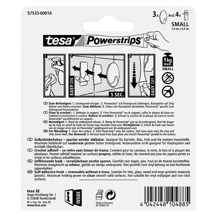 Tesa Powerstrips Selbstklebehaken - Oval, Größe: S, Weiß, 3 Stk. - Tesa Powerstrips Haken: Einfache Montage ohne Bohren, ideal für Küche und Bad. Maximale Haftkraft auf glatten Oberflächen.