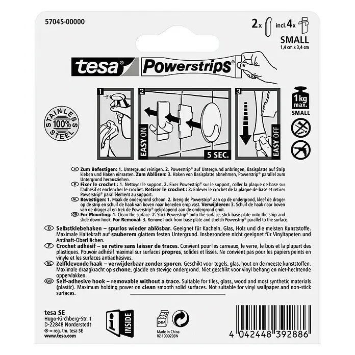 Tesa Powerstrips Selbstklebehaken - Größe: S, Metallic, 2 Stk. - Tesa Powerstrips: Selbstklebende Haken zur einfachen Befestigung und spurlosen Entfernung auf glatten Oberflächen.