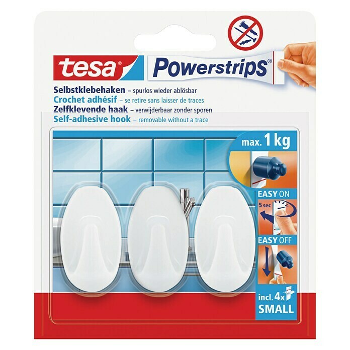 Tesa Powerstrips Selbstklebehaken (Oval, Größe: S, Weiß, 3 Stk.)