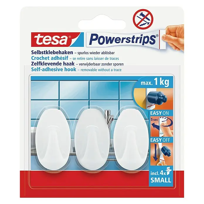 Tesa Powerstrips Selbstklebehaken - Oval, Größe: S, Weiß, 3 Stk. - Tesa Powerstrips Selbstklebehaken: Diese Haken lassen sich spurlos ablösen und sind ideal für Badezimmerfliesen. Belastbarkeit max. 1 kg.