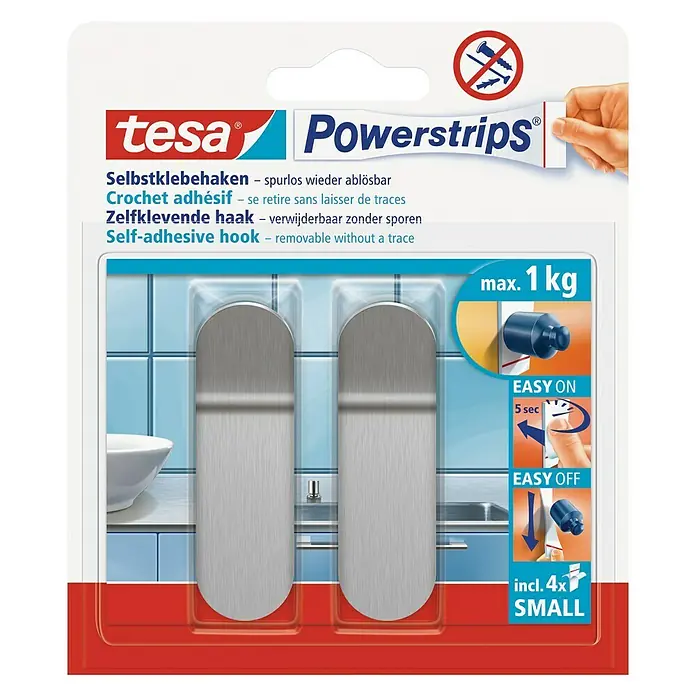 Tesa Powerstrips Selbstklebehaken - Größe: S, Metallic, 2 Stk. - Abbildung der Tesa Powerstrips Selbstklebehaken, die eine einfache und spurlos entfernbare Lösung zum Aufhängen bieten.