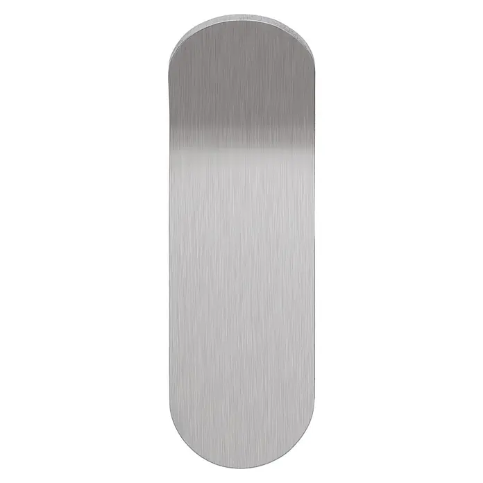 Tesa Powerstrips Selbstklebehaken - Größe: S, Metallic, 2 Stk. - Das Bild zeigt einen länglichen, abgerundeten Gegenstand aus gebürstetem Stahl. Er hat eine glatte Oberfläche mit subtilen horizontalen Linien und metallischem Glanz.