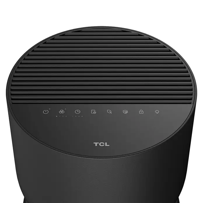 TCL Luftreiniger Breeva A3 - Ø x H: 25 x 48 cm, Raumgröße: 55 m² - Nahaufnahme eines TCL-Luftreinigers in Schwarz mit Bedienfeld und Lüftungsschlitzen. Elegantes Design für saubere Luft.