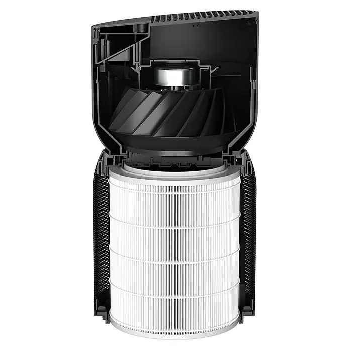 TCL Luftreiniger Breeva A5Ø x H: 27 x 60 cm, Leistungsstufen: 4, Raumgröße: 68 m² - Innenansicht eines Luftreinigers, die den Filter und den Ventilator zeigt, mit einem Fokus auf Design und Funktionalität für saubere Luft.