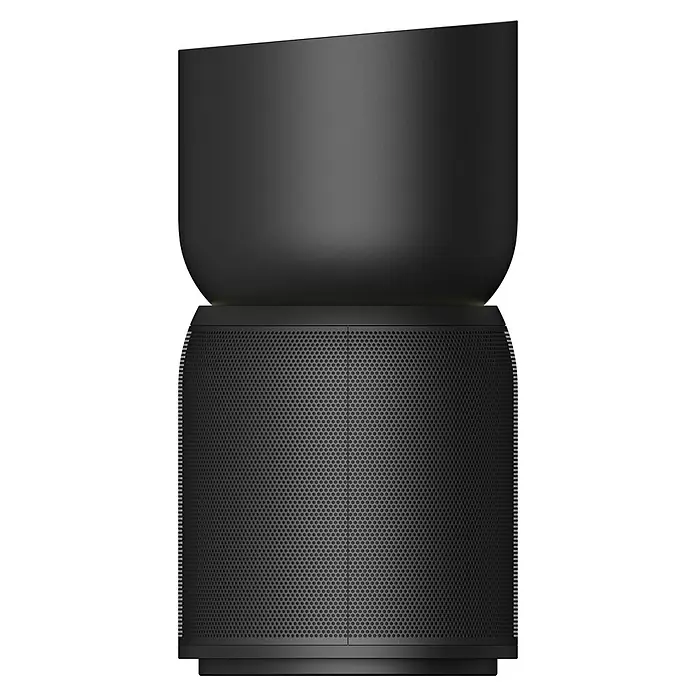 TCL Luftreiniger Breeva A3Ø x H: 25 x 48 cm, Leistungsstufen: 4, Raumgröße: 55 m² - Schwarzer Lautsprecher mit perforierter Oberfläche und zylindrischem Design. Das elegante Erscheinungsbild des Lautsprechers sticht hervor.