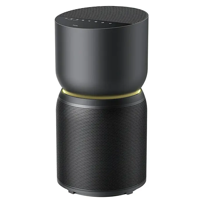 TCL Luftreiniger Breeva A3 - Ø x H: 25 x 48 cm, Raumgröße: 55 m² - Nahaufnahme eines TCL Luftreinigers mit schlankem Design und einem Ring aus goldfarbenen Akzenten. Ideal für saubere Luft im Innenbereich.