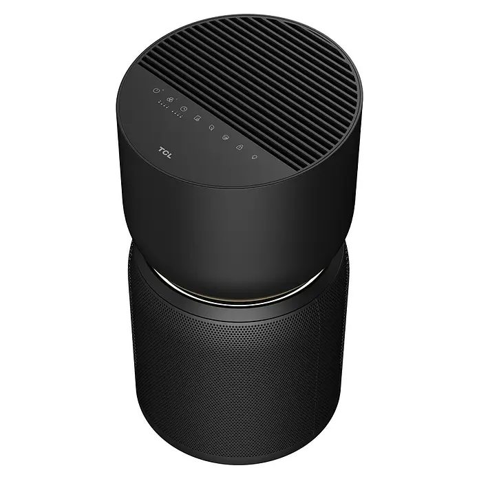 TCL Luftreiniger Breeva A3Ø x H: 25 x 48 cm, Leistungsstufen: 4, Raumgröße: 55 m² - Abbildung eines schwarzen TCL-Luftreinigers mit runder Bauform und Bedienfeld mit Sensortasten. Ideal für saubere Luft im Raum.