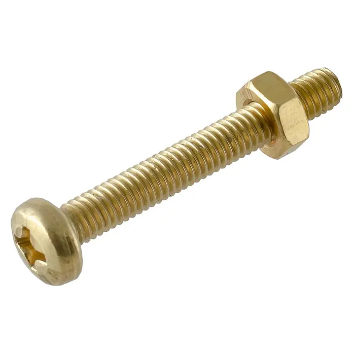 Zylinderschraube MS - M 3, Länge: 20 mm, 14 Stk., Messing - Nahaufnahme einer goldenen Schraube mit Mutter auf schwarzem Hintergrund, die Details und Handwerkskunst hervorhebt.