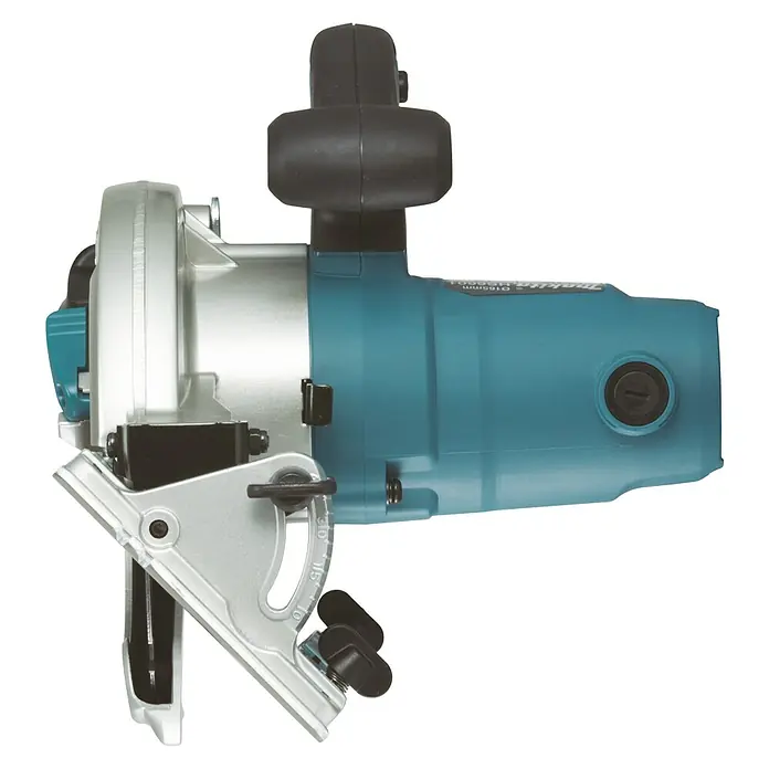 Makita Handkreissäge HS6601J - 1.050 W, Durchmesser Sägeblatt: 165 mm - Nahaufnahme einer Makita Kreissäge, die Details des silbernen Sägeblattschutzes und des blauen Gehäuses hervorhebt.