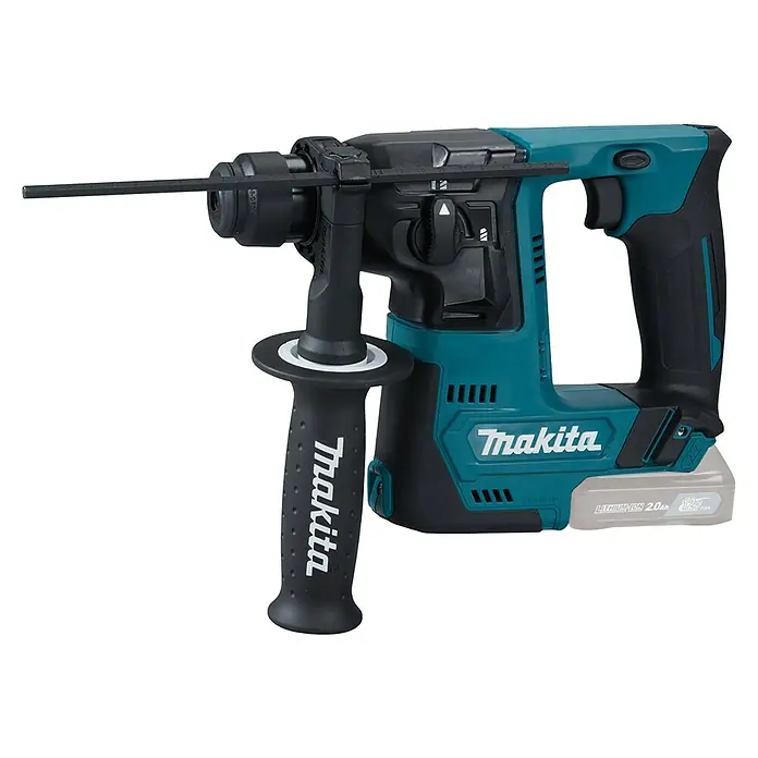 Makita CXT 12V max. Martillo perforador de batería HR140DZ - 12 V, Sin batería, 1 J - Imagen de un taladro rotatorio inalámbrico Makita con mango auxiliar, perfecto para perforaciones pesadas. Robusto y potente para profesionales y aficionados.