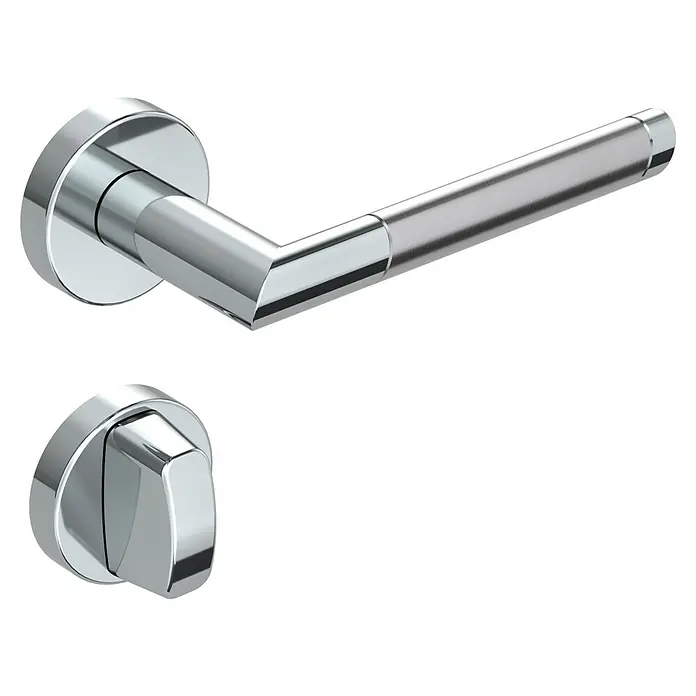 Diamond Doors Creative Drückergarnitur WC Nebraska - Stärke Tür: 40 mm - 45 mm, Edelstahl, L-Form, Schlitzkopf/Olive - Nahaufnahme eines glänzenden, modernen Türgriff-Sets mit klaren Linien und einer polierten Chromoberfläche.