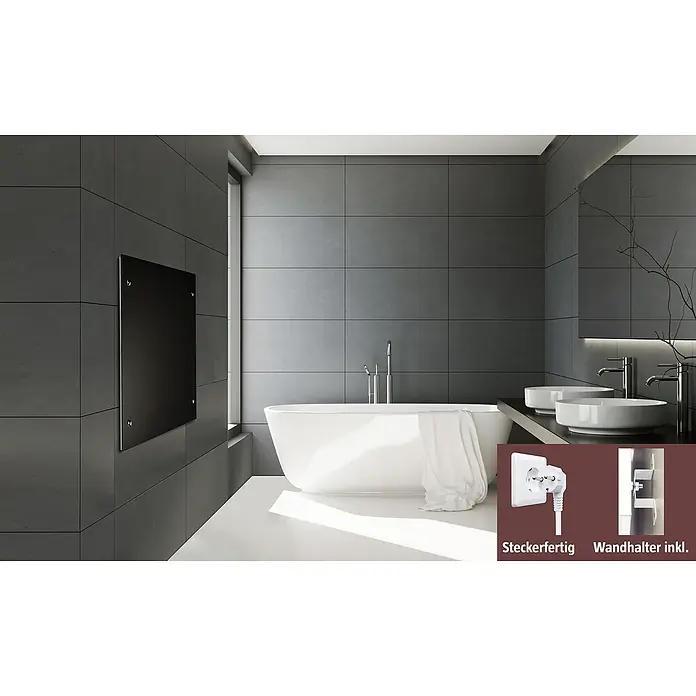 Admiral Infrarot-Glasheizkörper - 500 x 500 mm, 350 W, Schwarz - Modernes Badezimmer mit einer eleganten Badewanne und einem schwarzen Infrarot-Wandheizpaneel.