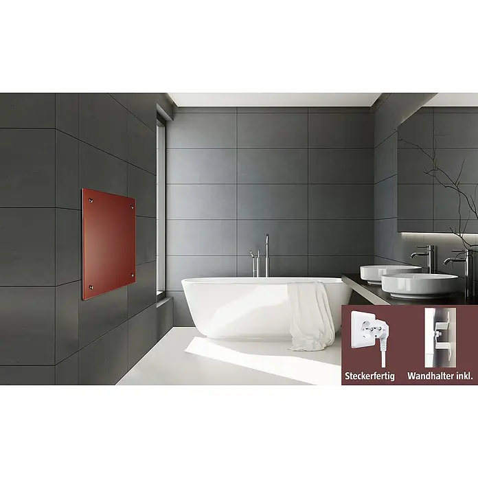 Admiral Infrarot-Glasheizkörper - 700 x 550 mm, 500 W, Rot - Badezimmer mit einer roten Wandheizung, die an einer grauen Wand befestigt ist. Inklusive Stecker und Wandhalterung.