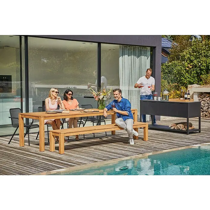 Sunfun Laura Gartentisch - L x B x H: 300 x 100 x 76 cm, Akazie, Rechteckig, Braun - Ein einladender Außenbereich mit einem stilvollen Esstischset aus Holz und einer praktischen Outdoor-Küchenzeile.