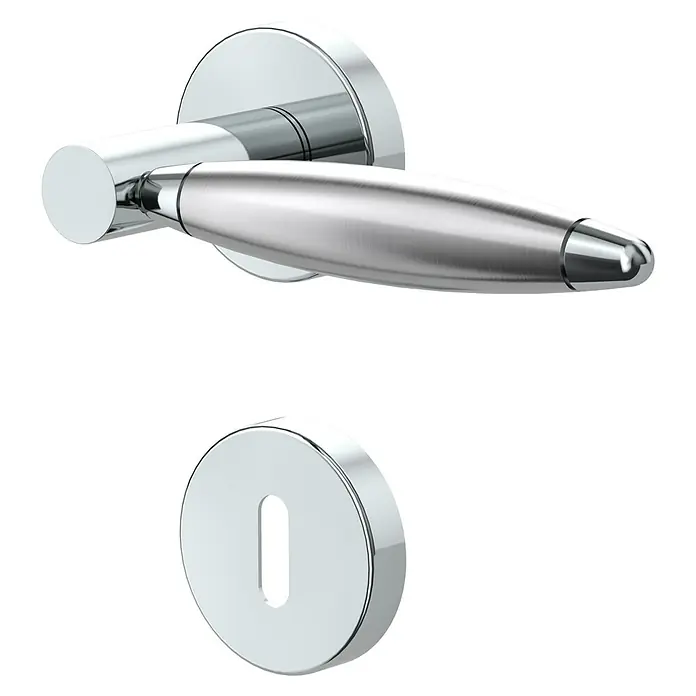Diamond Doors Creative Drückergarnitur Ohio - Edelstahl, L-Form, Stärke Tür: 40 mm - 45 mm, Buntbart - Elegantes Türbeschlag-Set mit einem schlanken Türgriff und einem passenden Schlüsselloch, beide in glänzendem Chrom-Design.