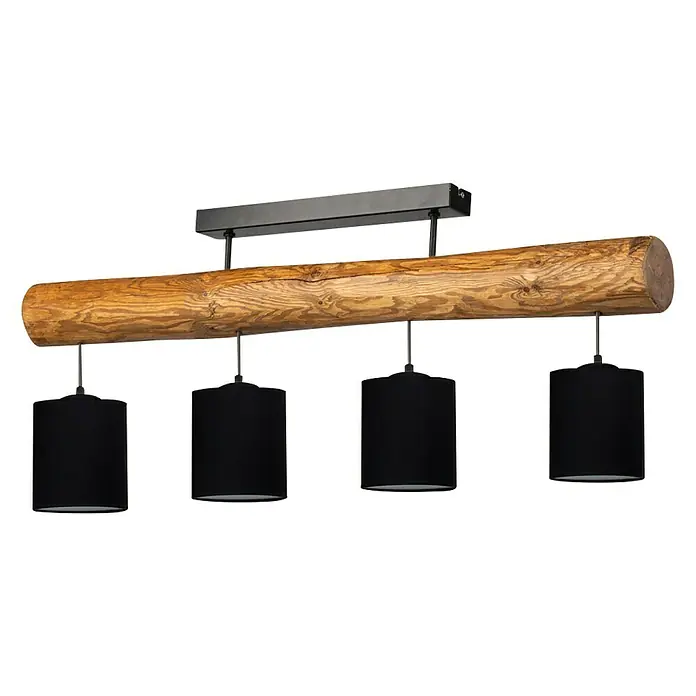 Britop Lighting Deckenleuchte Forst - 25 W, L x B x H: 90 x 13 x 40 cm, Schwarz, Braun, Schwarz, E27 - Hängeleuchte mit einem Holzbalken und vier schwarzen Lampenschirmen. Die perfekte Beleuchtung für ein rustikales Ambiente.