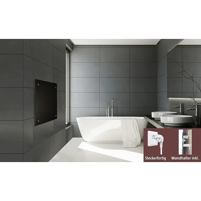 Admiral Infrarot-Glasheizkörper - 700 x 550 mm, 500 W, Schwarz - Badezimmer mit Badewanne, Waschbecken und einem schwarzen Infrarot-Heizpaneel an der Wand. Steckdosen- und Wandhalterungsdetails werden hervorgehoben.