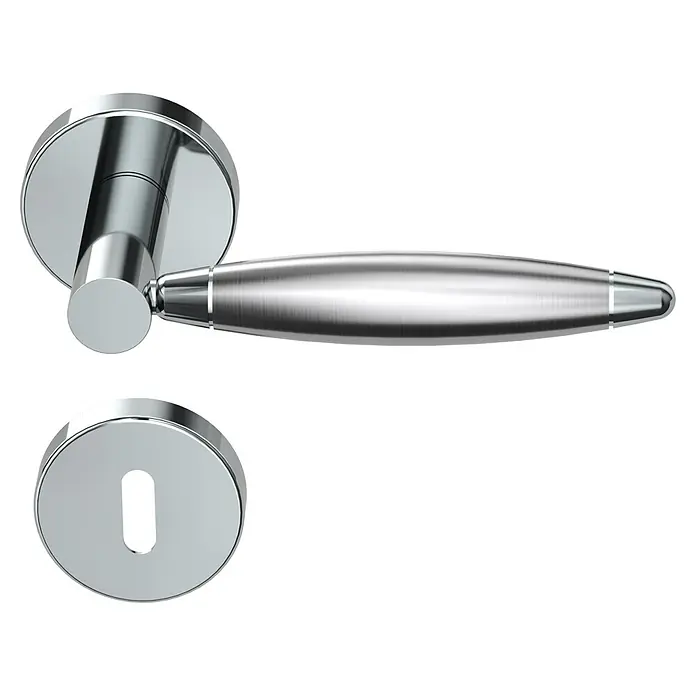 Diamond Doors Creative Drückergarnitur Ohio - Edelstahl, L-Form, Stärke Tür: 40 mm - 45 mm, Buntbart - Nahaufnahme eines eleganten Türgriffs aus gebürstetem Stahl mit einem runden Schlüsselloch darunter, das modernes Design und hochwertige Verarbeitung vereint.