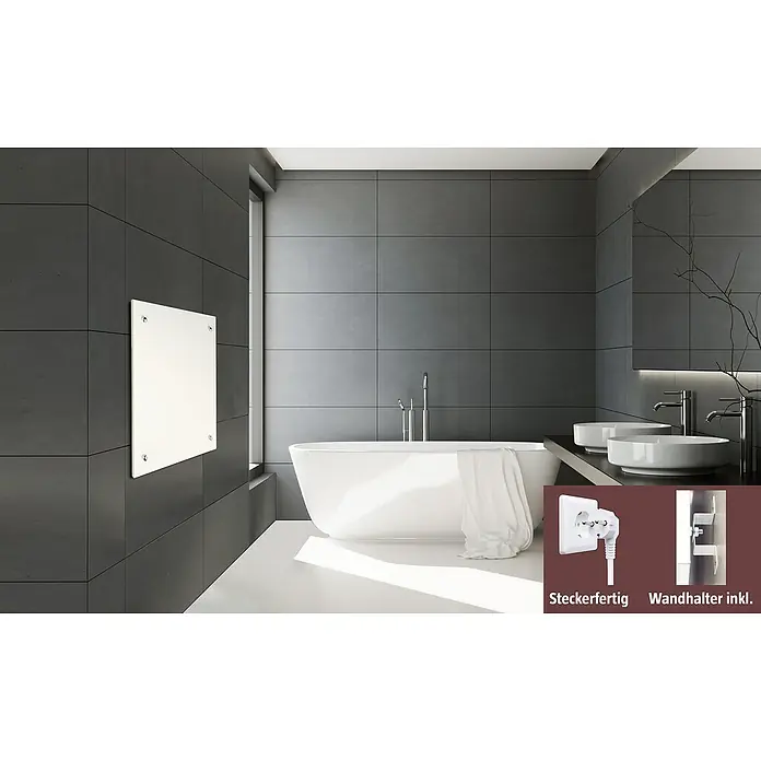 Admiral Infrarot-Glasheizkörper - 700 x 550 mm, 500 W, Weiß - Das Infrarot-Heizpaneel sorgt für angenehme Wärme im modernen Badezimmer mit grauen Fliesen und einer freistehenden Badewanne.