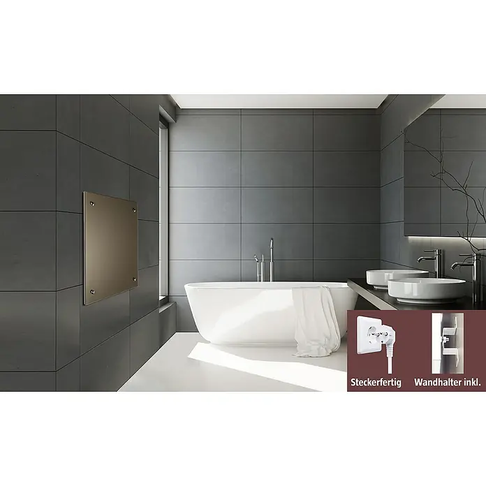 Admiral Infrarot-Glasheizkörper - 700 x 550 mm, 500 W, Beige, Grau - Badezimmer mit Badewanne und einem elektrischen Heizpaneel an der Wand.