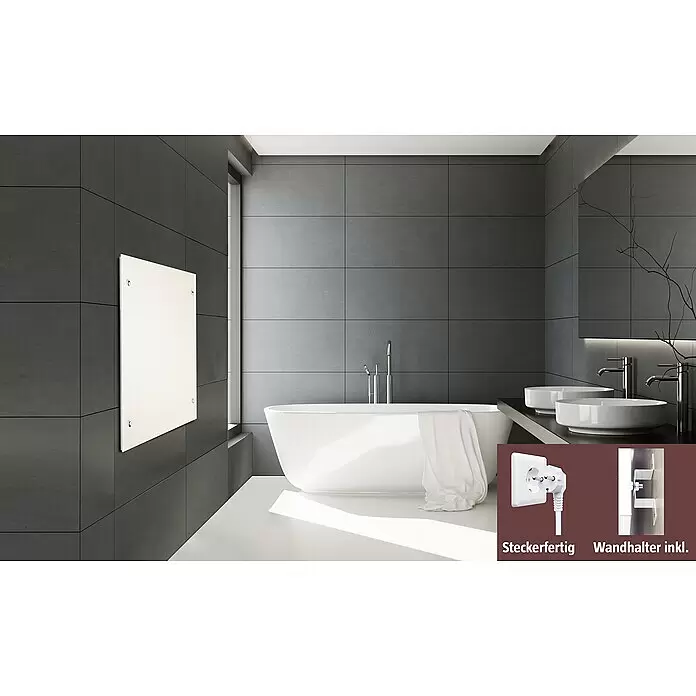 Admiral Infrarot-Glasheizkörper - 500 x 500 mm, 350 W, Weiß - Weißer rechteckiger Paneelheizer an dunkler Badezimmerwand, mit Einsatzbildern von Stecker und Wandhalterung.