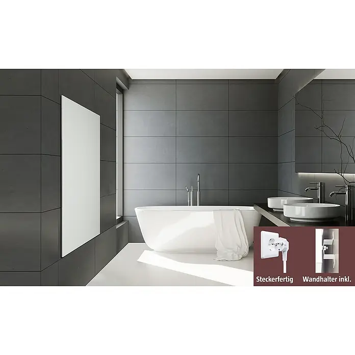 Admiral Infrarot-Metallheizkörper - 1.200 x 600 mm, 1.100 W, Weiß - Modernes Badezimmer mit weißer Badewanne, Waschbecken und Heizkörper. Inklusive Stecker und Wandhalterung.
