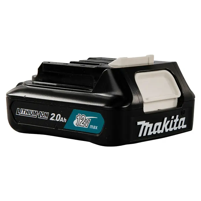 Makita CXT 12V max. Akku BL1021B - 12 V, 2 Ah - Nahaufnahme eines Makita 12V max 2.0Ah Lithium-Ionen-Akkus mit dem bekannten Makita-Logo auf einem schwarzen Gehäuse.