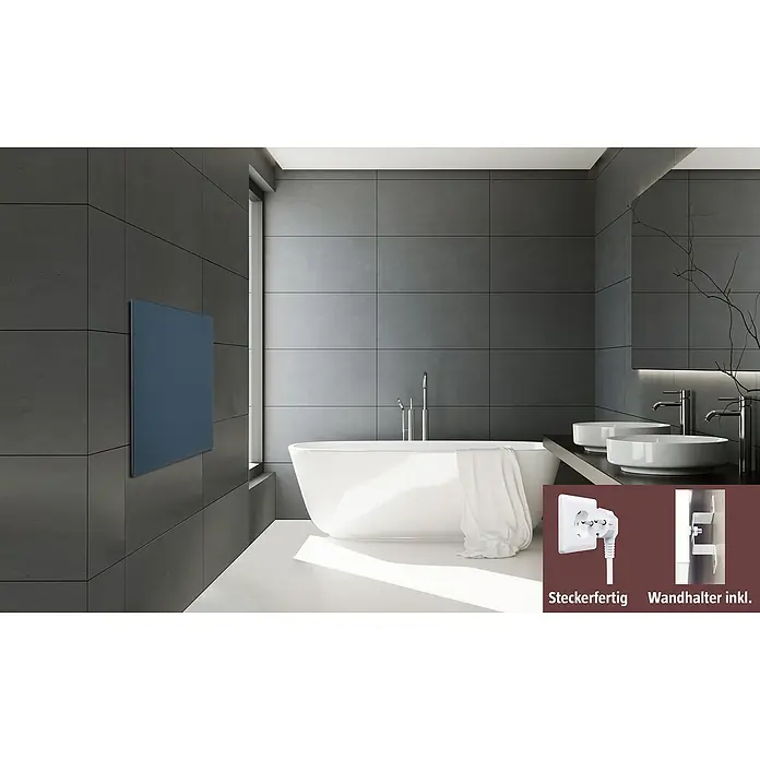 Admiral Infrarot-Metallheizkörper - 600 x 600 mm, 365 W, Anthrazit - Elegantes Badezimmer mit Infrarotheizung. Heizkörper in stilvollem Bad, mit Badewanne und Waschtischen. Modernes Design für höchsten Komfort.
