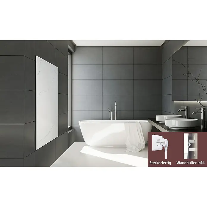 Jollytherm Infrarot-Keramikheizkörper - B x H: 600 x 1.200 mm, 1.100 W, Weiß, Grau - Das Bild zeigt einen Heizkörper mit Marmoroptik in einem modernen Badezimmer, inklusive Stecker und Wandhalterung für eine einfache Montage.