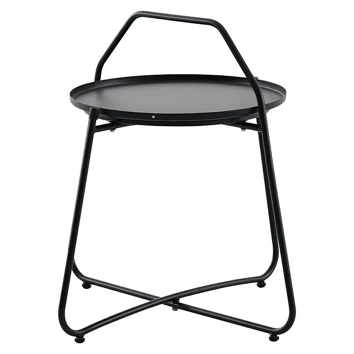 Loungemöbel-Set modular mit Beistelltischen - 10 -tlg., Olefin/ Metallgestell, 2 Ecken; 6 Mitten; 2 Tische, Grau/Schwarz - Schwarzer Beistelltisch mit rundem Tablett und Griff. Das Gestell ist aus Metall und hat eine gekreuzte Basis.
